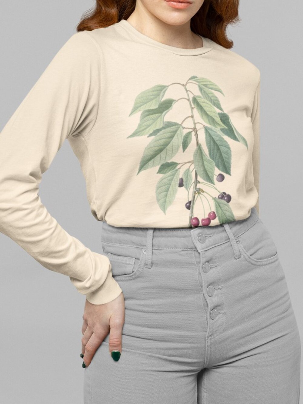 Wild Cherry Vintage Botanical Print Long Sleeve Graphic Tee T-shirt S-XXL